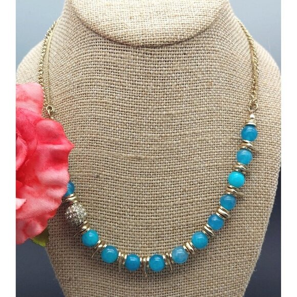 NWT Sequin Gold Tone & Blue Bead Collar Necklace Asymmetrical Paved Pendant 18" - Picture 2 of 10